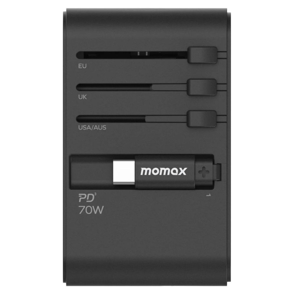 Momax 1-World+ 70W GaN 3-Port w/ Built-in USB-C Cable + AC Travel Adaptor (Black)