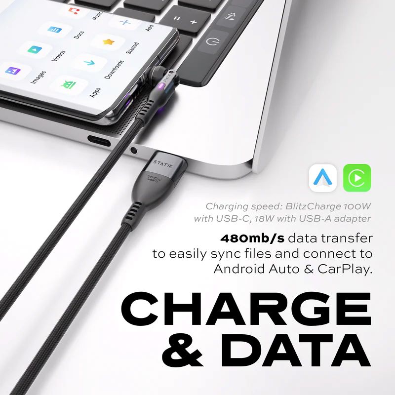 Statik PowerPivot Pro 100w Nylon Braided USB-C to C Cable 3M (Black)