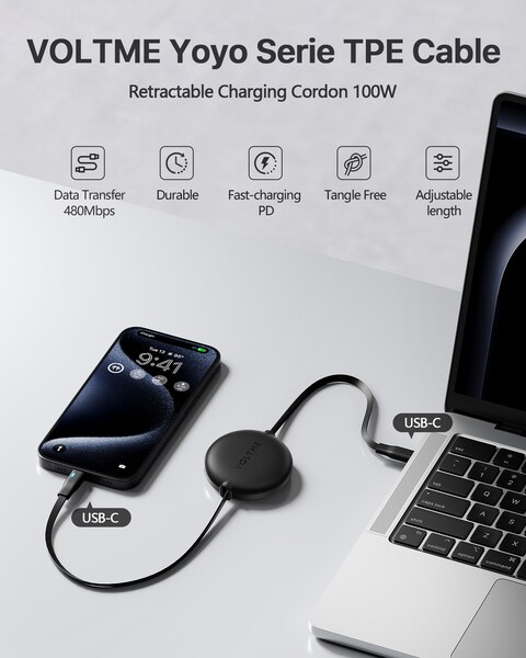Voltme Powerlink YoYo Cable 5A 1.0M Retractable (Dual-Way Retractable Cable) Type C to Type C (Black)