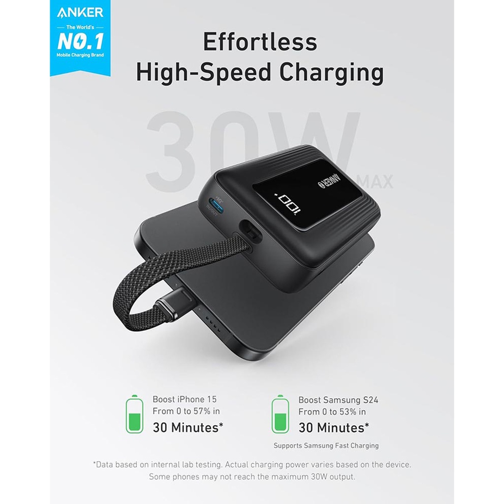 Anker Zolo Power Bank (10K, 30W, Built-In USB-C Cable) (Black)