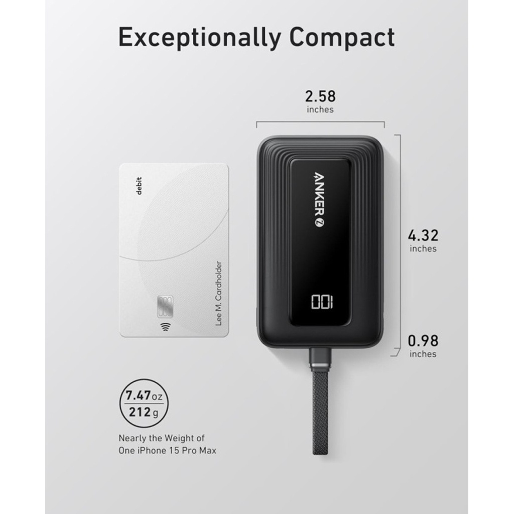 Anker Zolo Power Bank (20K, 30W, Built-In USB-C Cable) (Black)