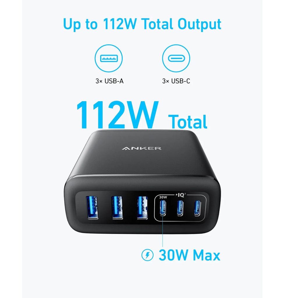 Anker Charger (112W, 6 Ports, GaN) (Black)