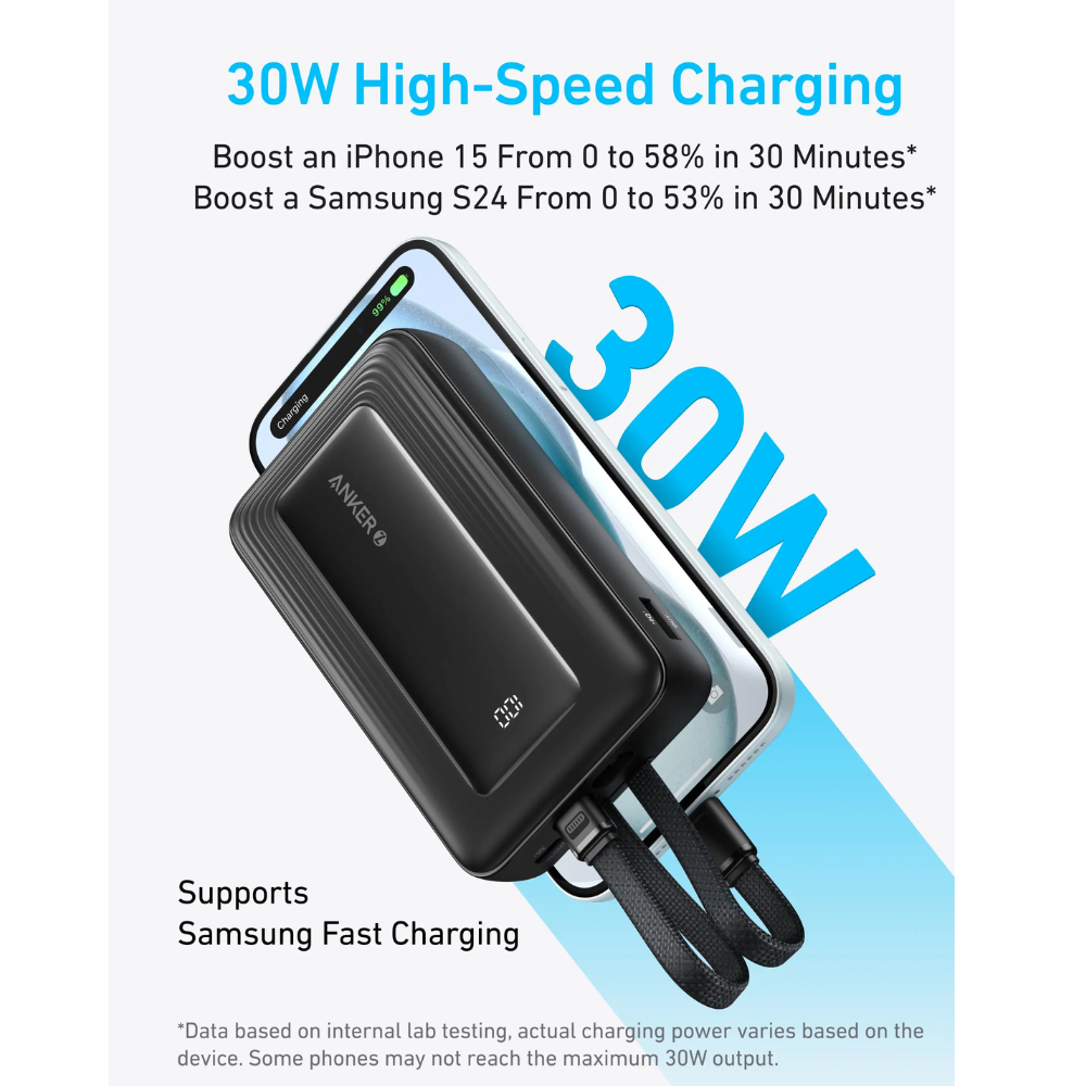 Anker Zolo Power Bank (20K, 30W, Built-In USB-C and Lightning Cable) (Black)