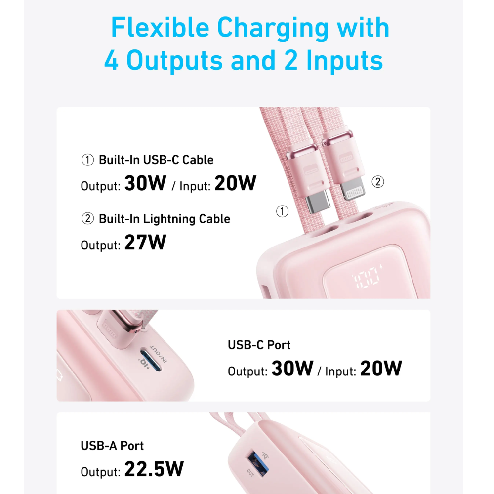 Anker Zolo Power Bank (20K, 30W, Built-In USB-C and Lightning Cable) (Pink)