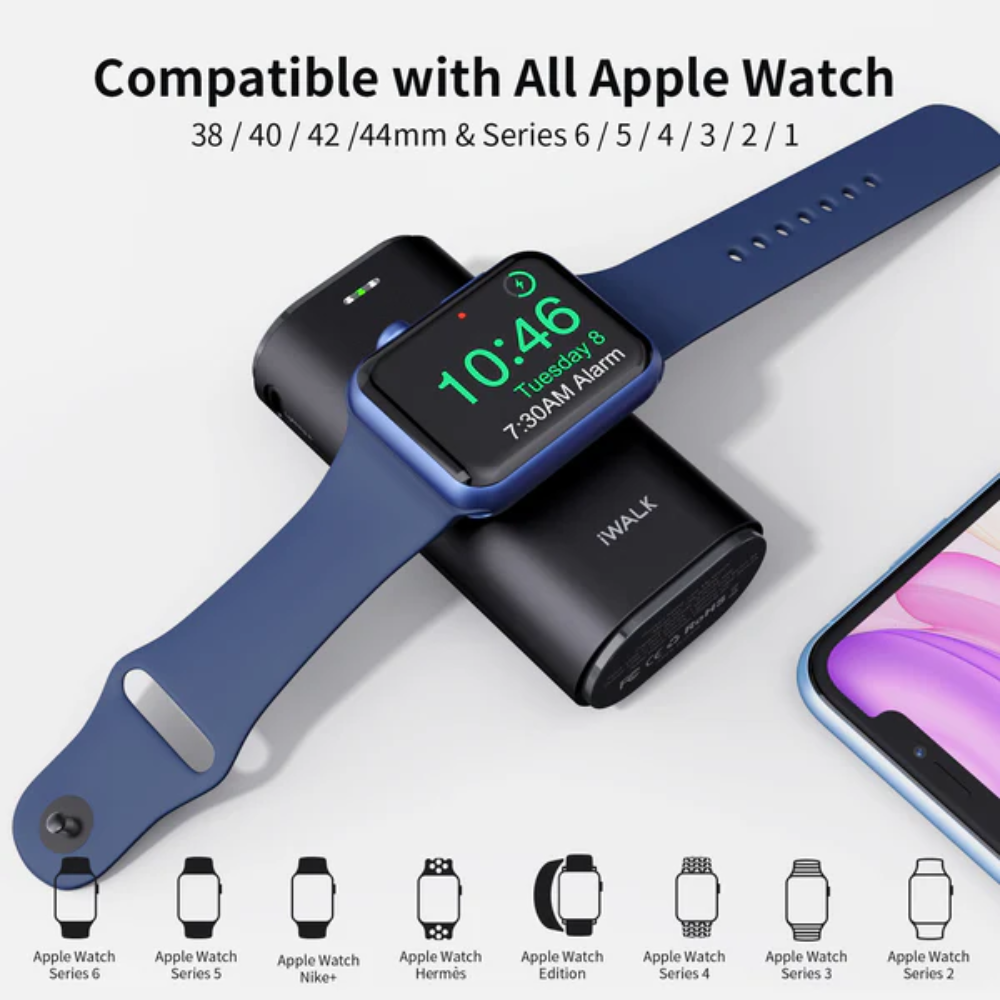 iWalk LinkPod Watch | Portable Phone and Apple Watch Charger (Built-In Lightning Cable) 9000mAh Capacity (Black)
