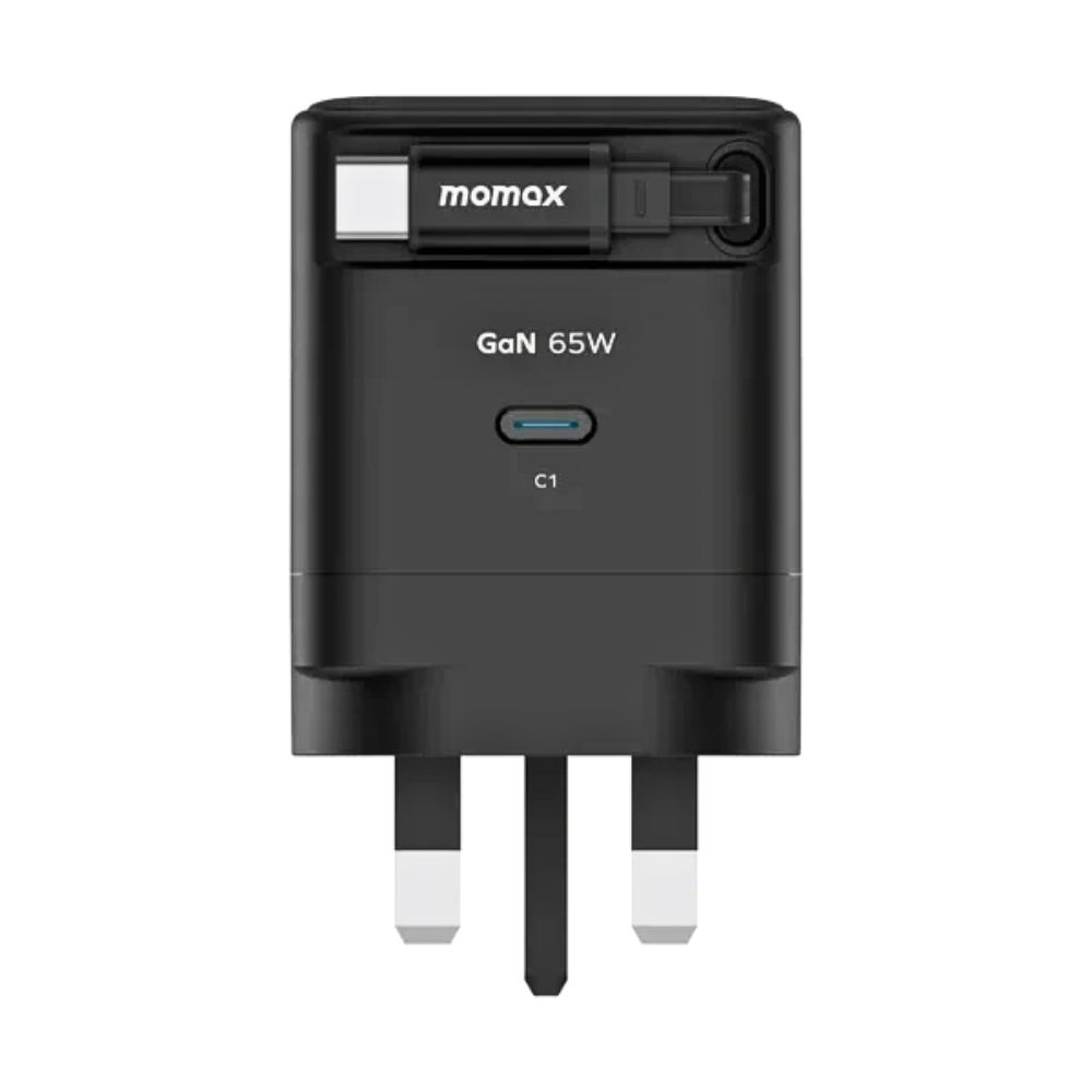  Momax 1-Charge+ 1-Port GaN 65W charger with Retractable USB-C Cable (Black)