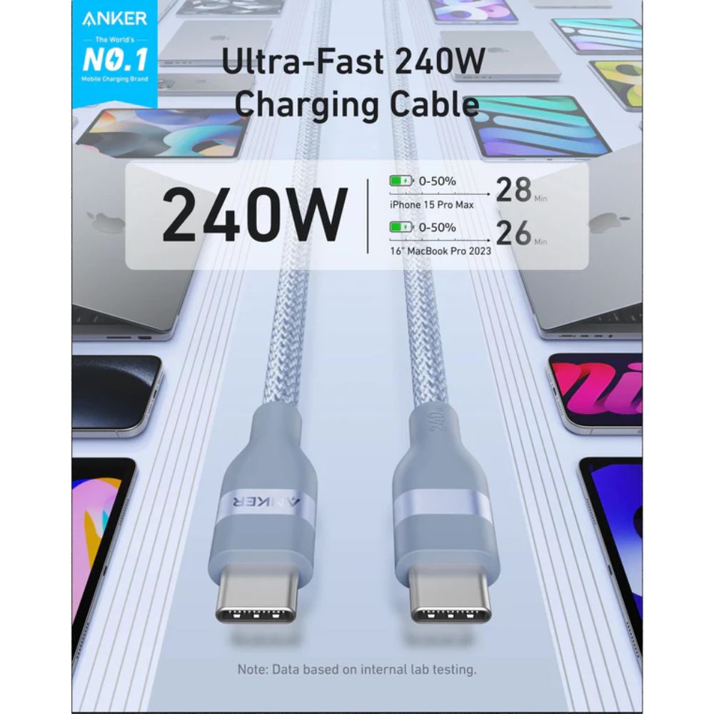 Anker USB-C to USB-C Cable 240W (Upcycled-Braided) (1.8m/6ft) (Blue)