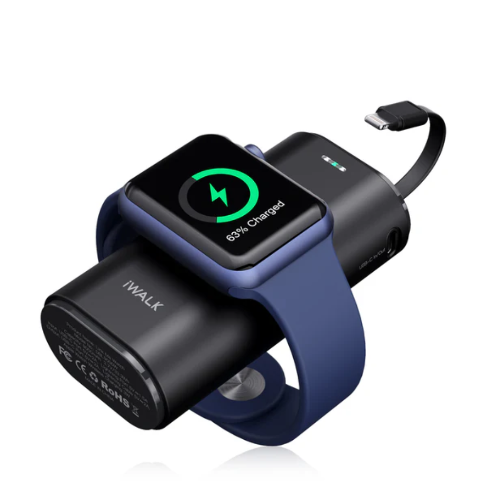 iWalk LinkPod Watch | Portable Phone and Apple Watch Charger (Built-In Lightning Cable) 9000mAh Capacity (Black)
