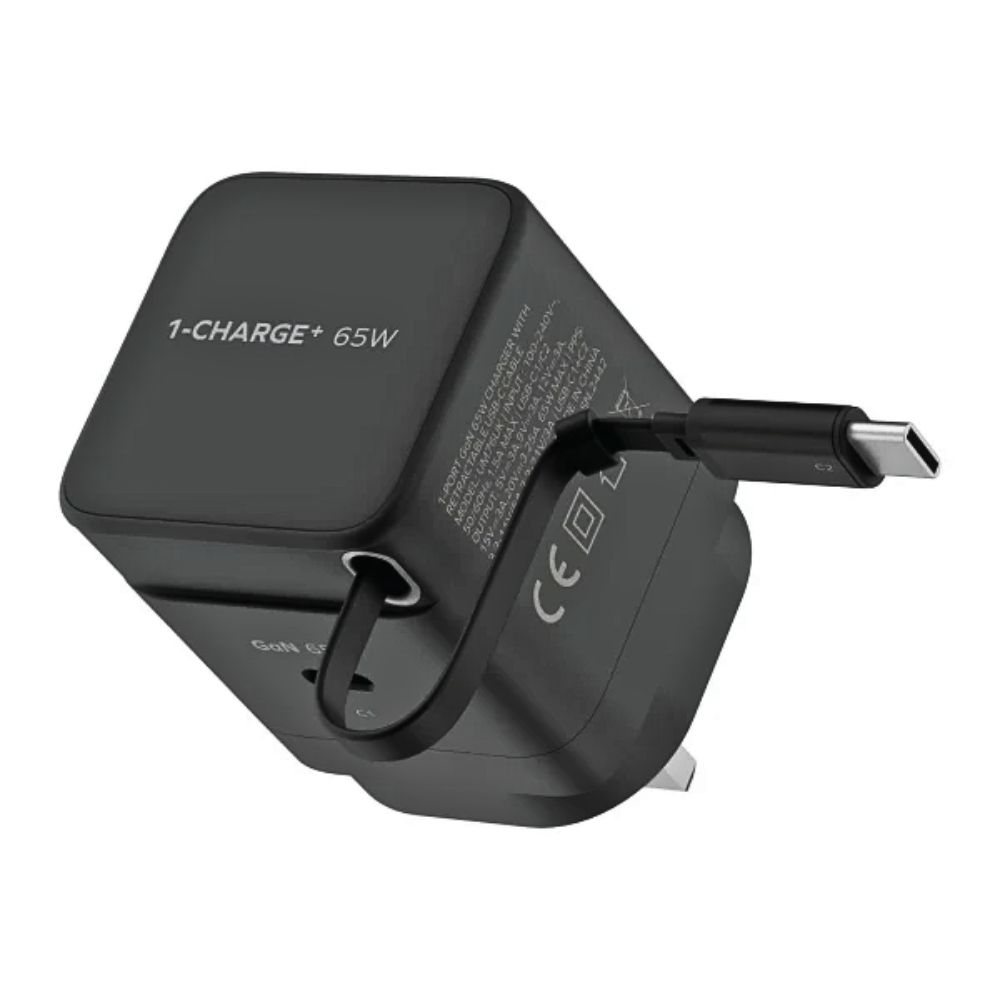  Momax 1-Charge+ 1-Port GaN 65W charger with Retractable USB-C Cable (Black)