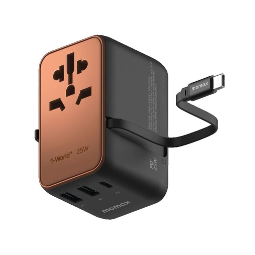 [UA18L2] Momax 1-World+ 70W GaN 3-Port w/ Built-in USB-C Cable + AC Travel Adaptor (Desert Titanium)